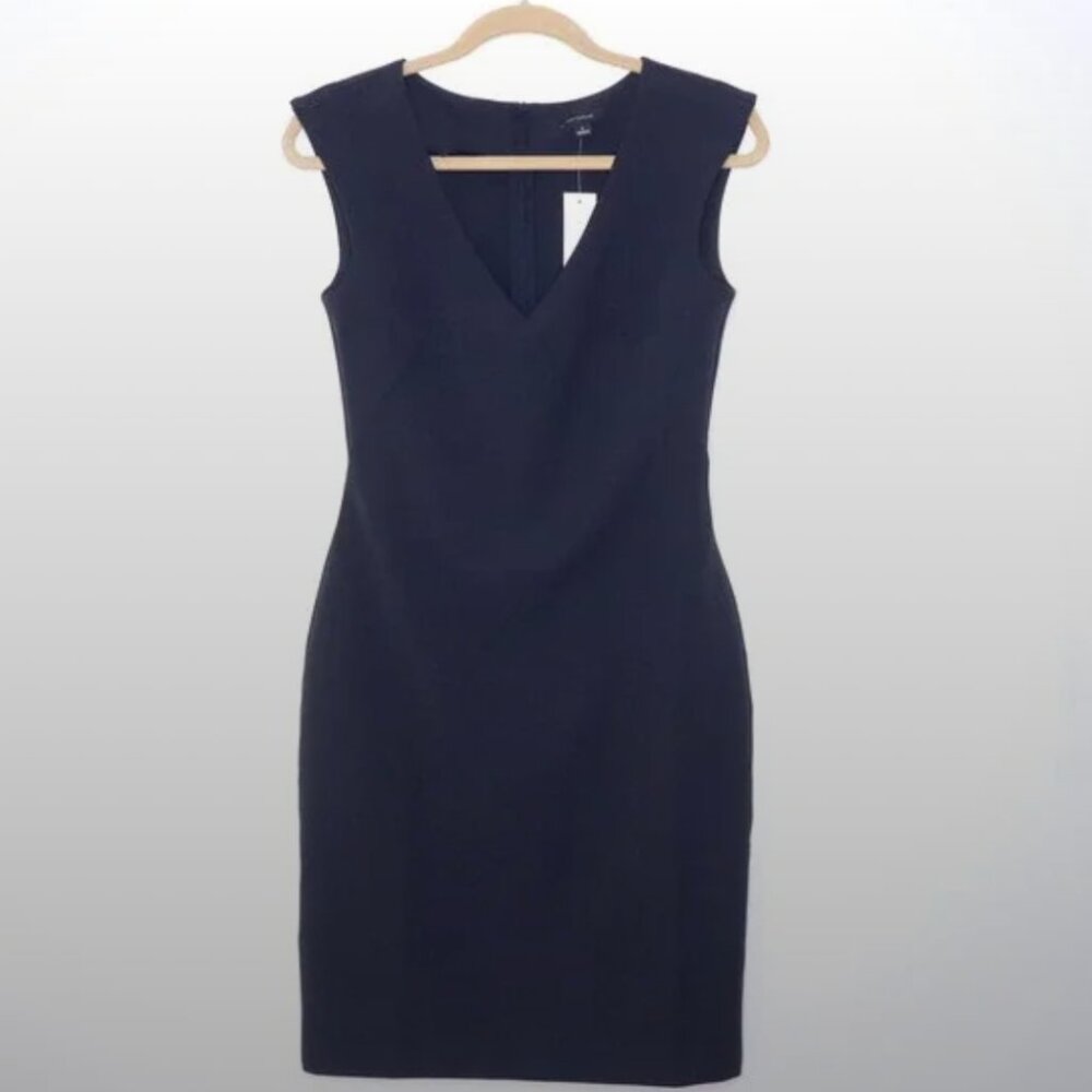 Ann Taylor Cocktail Midi Dress – Sheath V-Neck Sleeveless in Navy Blue